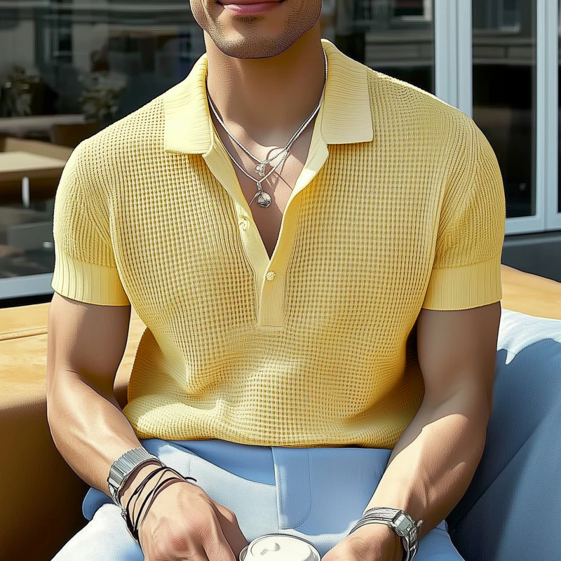 Santiago | Men'S Casual Solid Color Breathable Lapel Loose Knitted Short-Sleeved Polo Shirt - Image 3