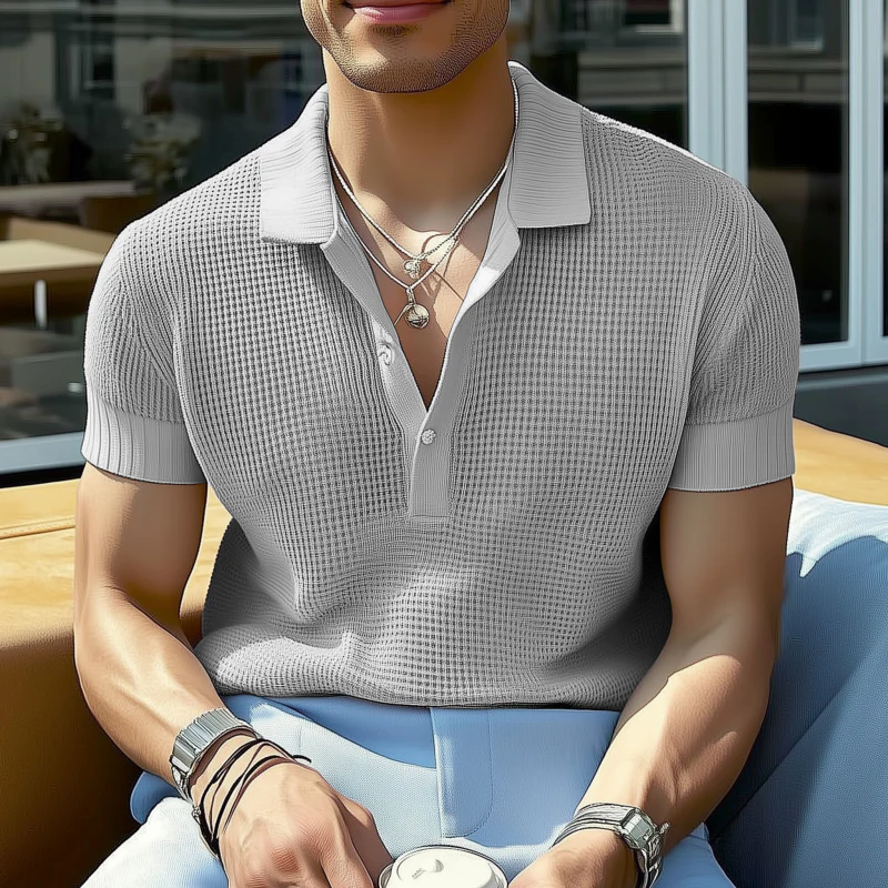 Santiago | Men'S Casual Solid Color Breathable Lapel Loose Knitted Short-Sleeved Polo Shirt - Image 4