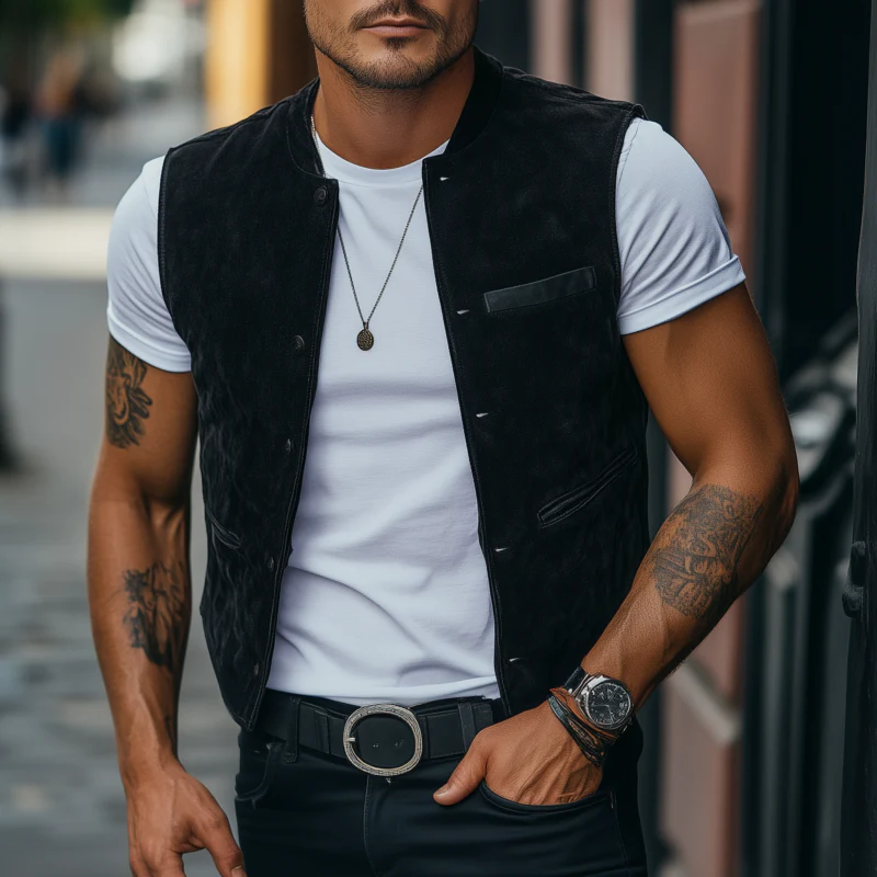 Shane | Men'S Vintage Elegant Faux Suede Stand Collar Single Breasted Slim Fit Suit Vest - Image 2