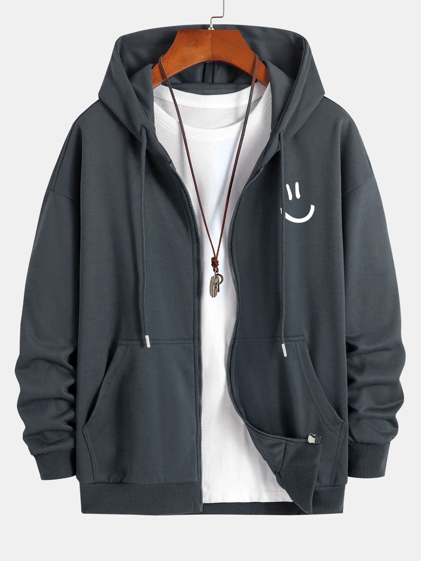 Shane | Smiley Face Print Relax Fit Zip Hoodie - Image 10