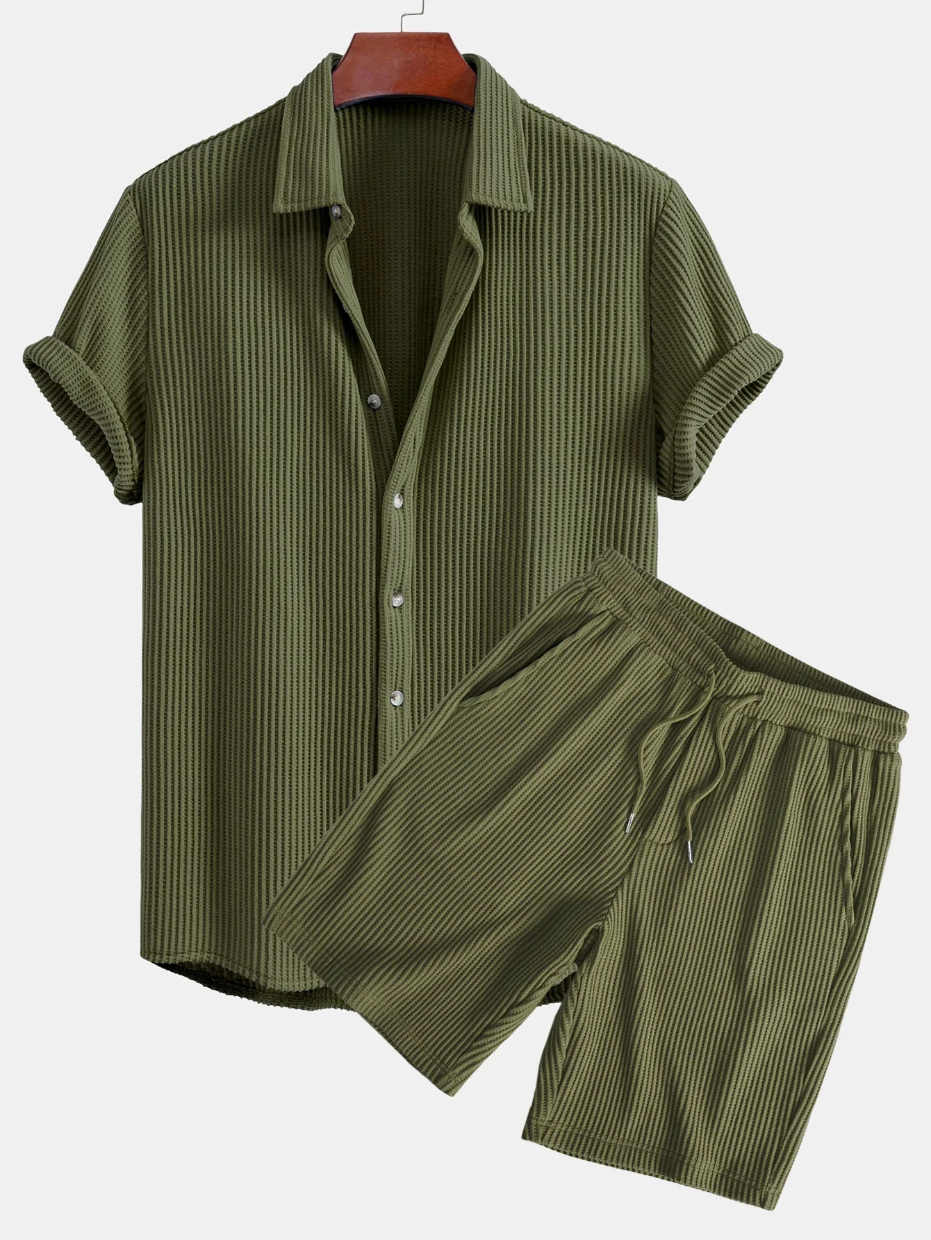 Simon® | Waffle Button Up Shirt & Drawstring Waffle Shorts - Image 2