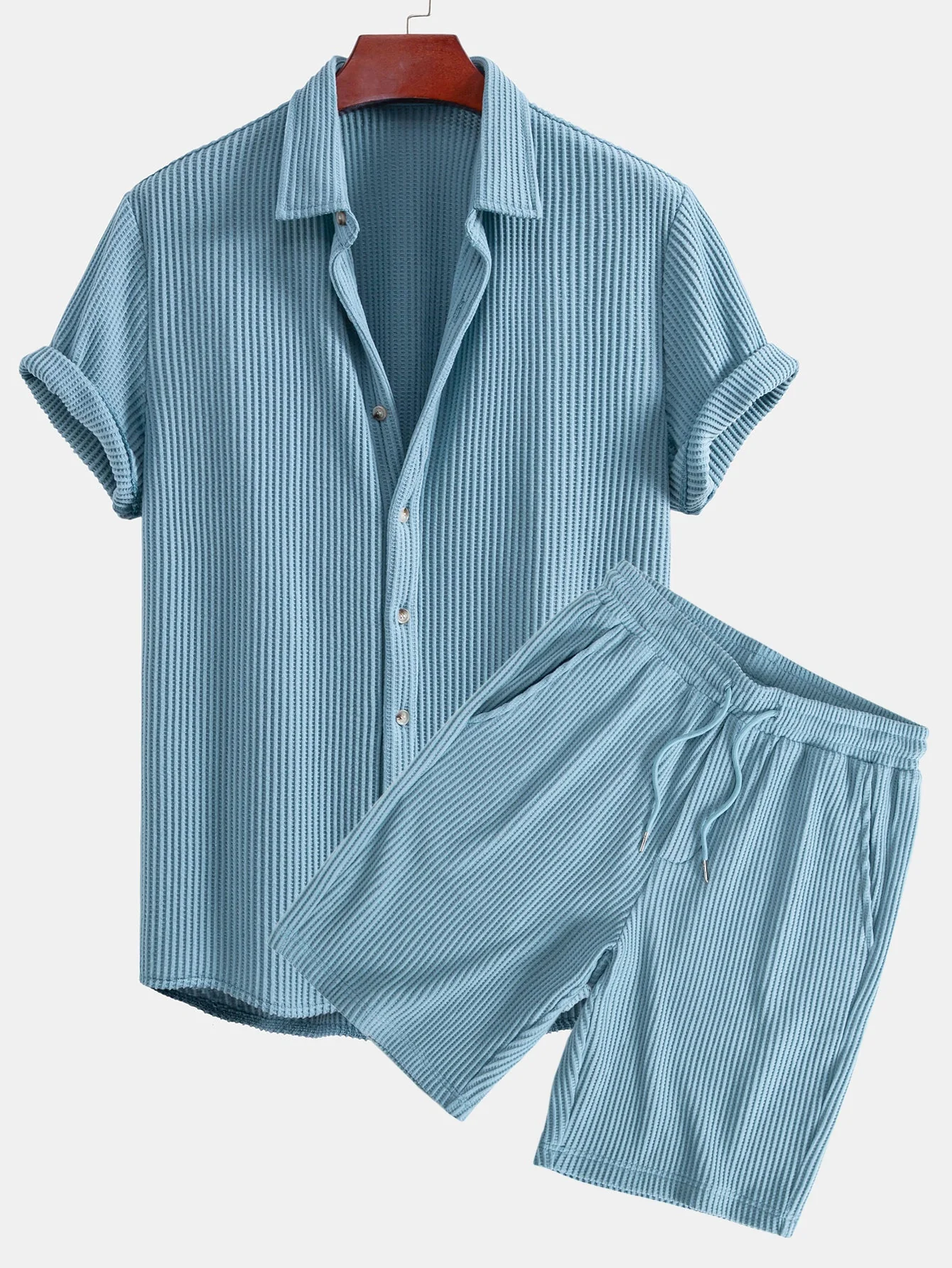 Simon® | Waffle Button Up Shirt & Drawstring Waffle Shorts - Image 3