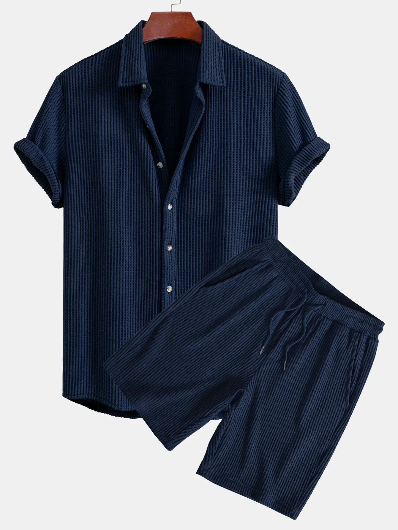 Simon® | Waffle Button Up Shirt & Drawstring Waffle Shorts - Image 4