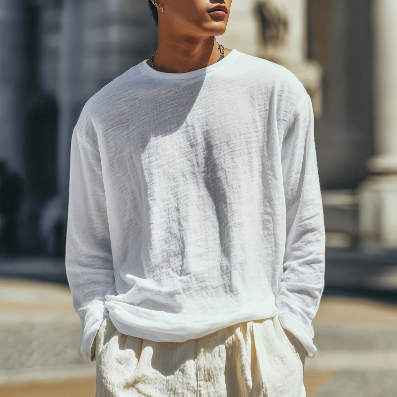 Skip | Men'S Casual Breathable Soft Cotton Round Neck Loose Long Sleeve T-Shirt - Image 3