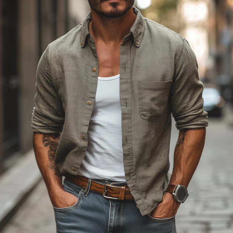 Stacy | Men'S Casual Breathable Linen Lapel Patch Pocket Slim Fit Long Sleeve Shirt - Image 2