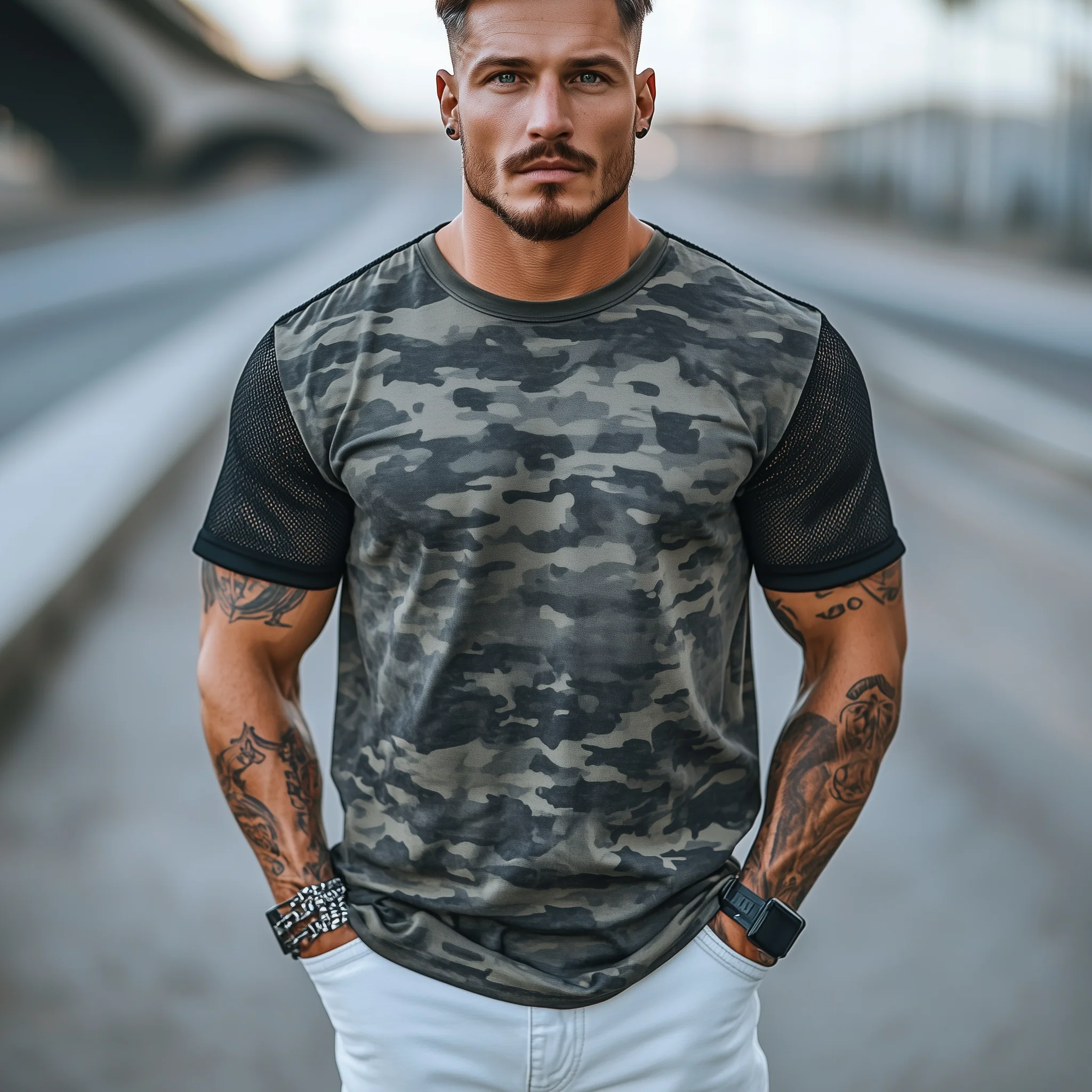 Stacy | Men'S Spring And Summer Casual Round Neck Camouflage Cotton Blended Splicing Mesh Short-Sleeved T-Shirt - Image 3