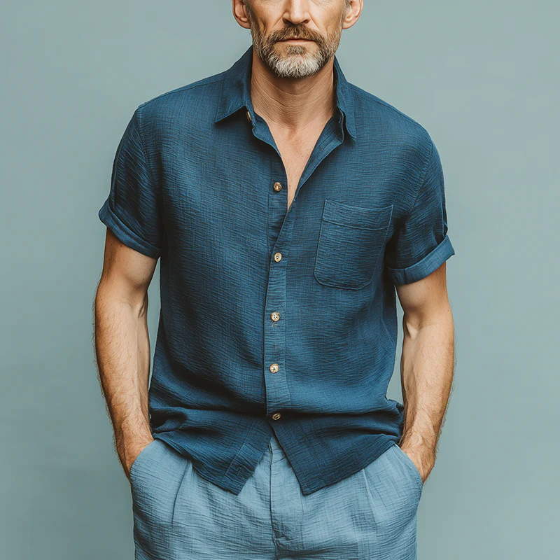 Stacy | Men'S Summer Fashion Wave Texture Cotton Blended Short Sleeve Shirt - Image 2