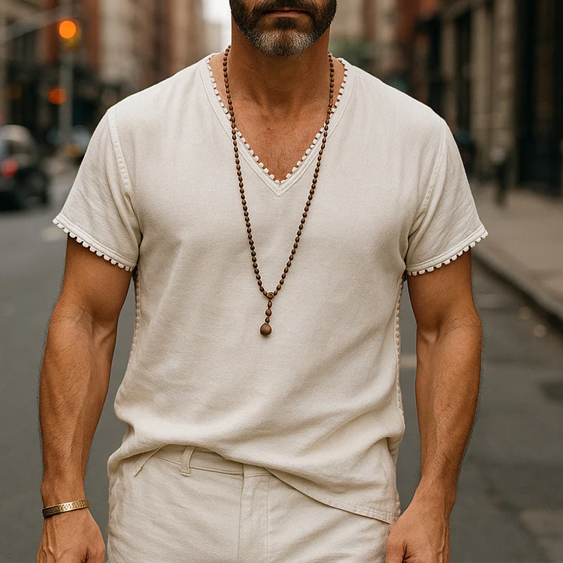 Stuart | Men'S Summer Breathable And Comfortable Linen Lace V-Neck Short-Sleeved T-Shirt - Image 2