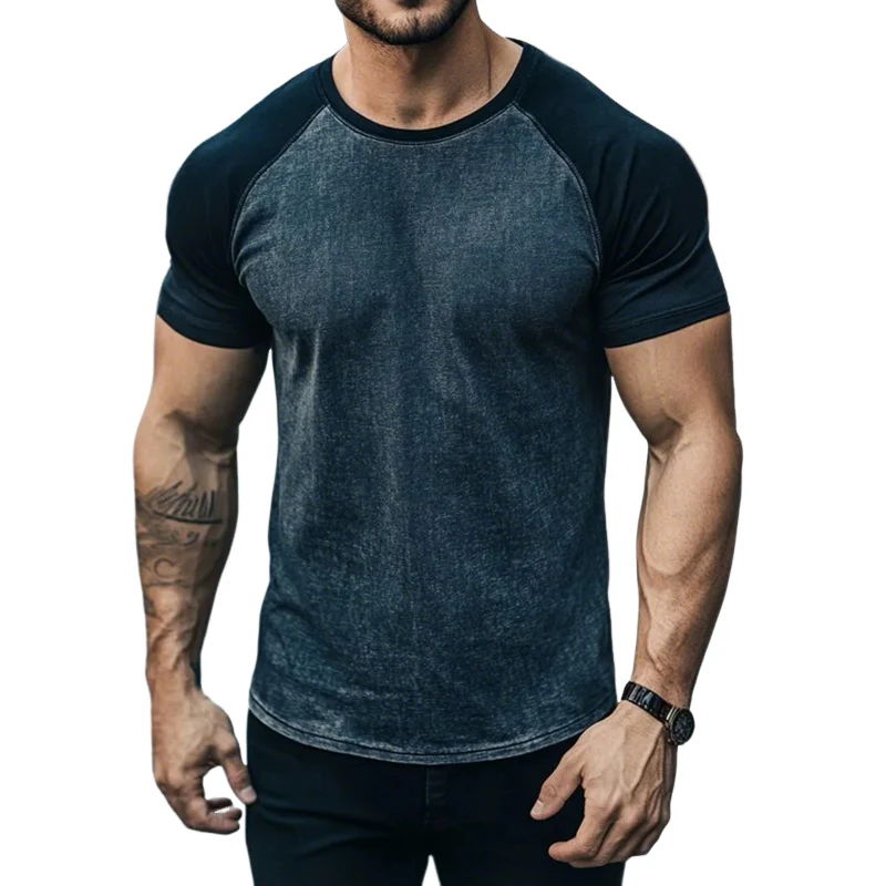 Sylvester | Men'S Casual Breathable Cotton Patchwork Denim Round Neck Slim Short Sleeve T-Shirt
