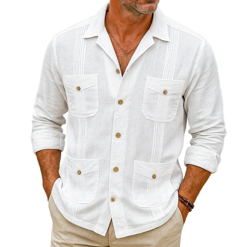 Sylvester | Men'S Solid Lapel Multi-Pocket Long Sleeve Shirt