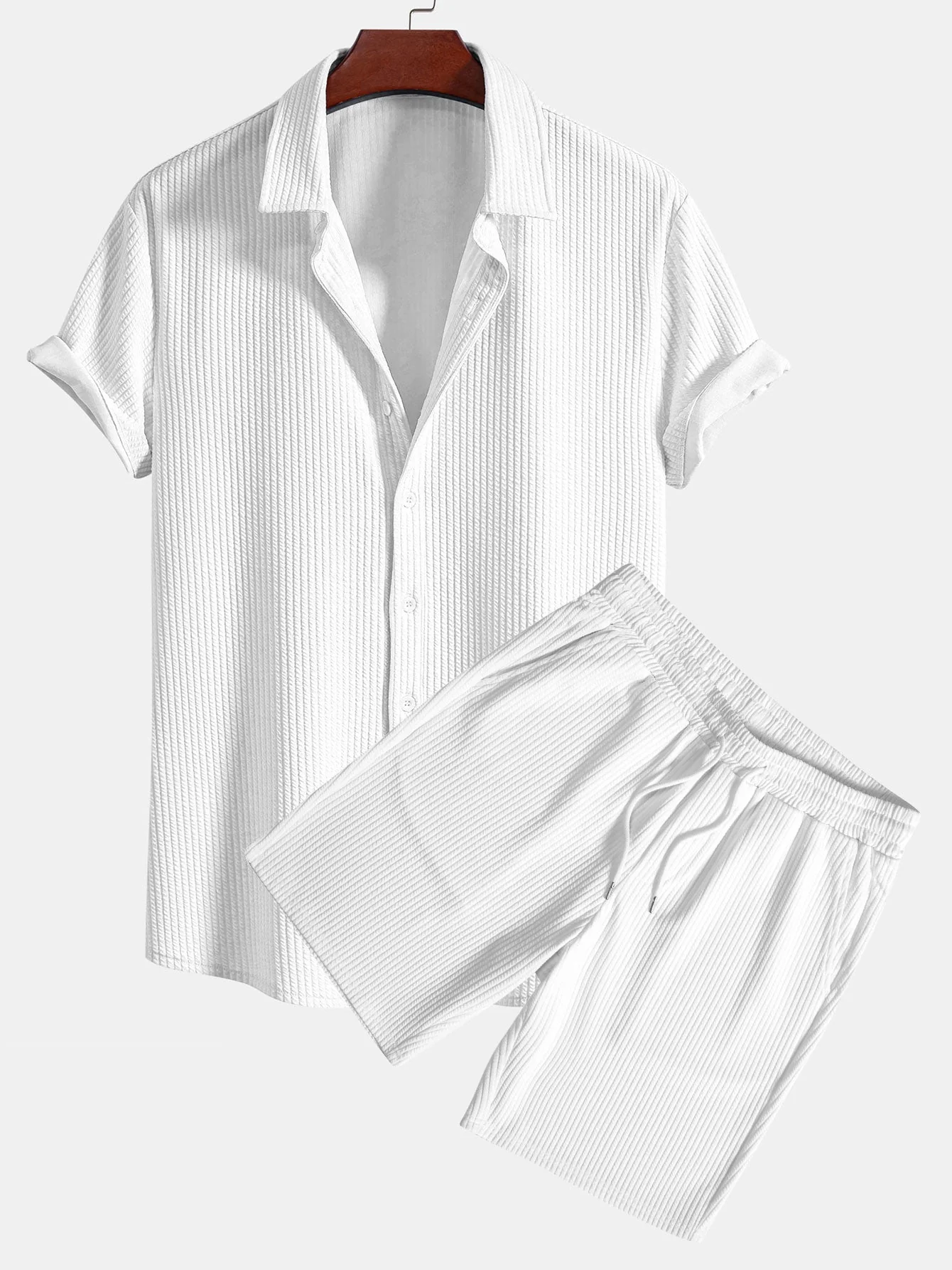 Tate® | Muscle Fit Ribbed Button Up Shirt & Shorts - Image 5
