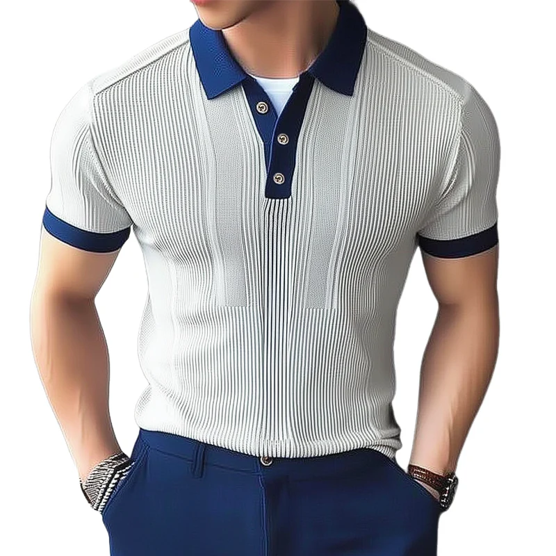 Teodoro | Men'S Business Knitted Colorblock Polo Neck Short Sleeve T-Shirt