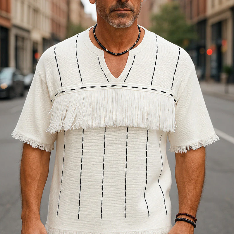 Terence | Men'S Summer Breathable And Comfortable Knitted Jacquard Tassel Short-Sleeved T-Shirt - Image 2
