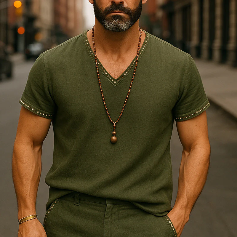Terry | Men'S Summer Breathable Comfort Hole V-Neck Linen Blended Short Sleeve T-Shirt - Image 2