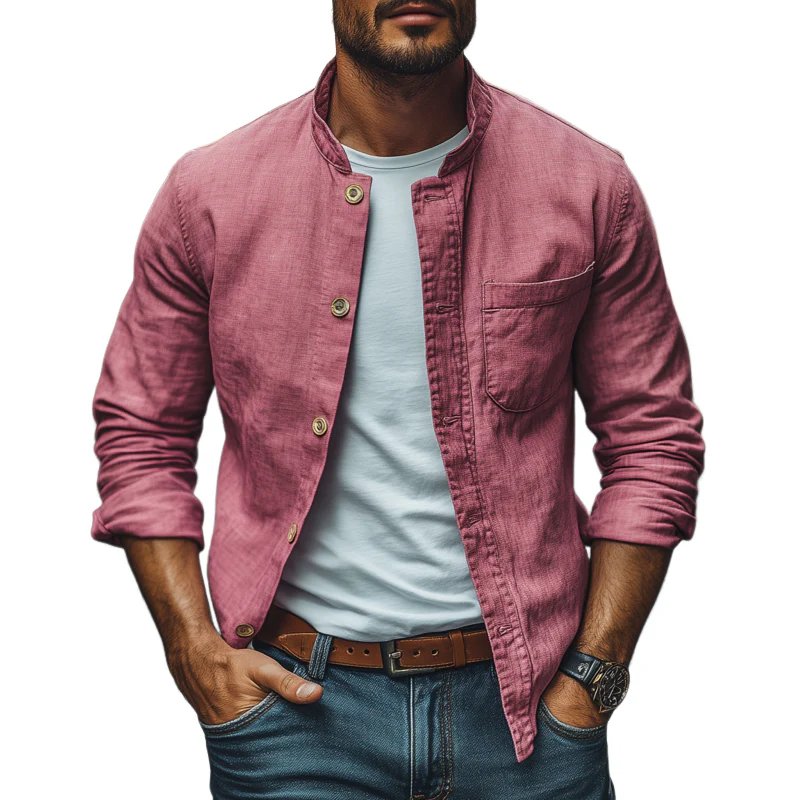 Thad | Men'S Casual Breathable Cotton Stand Collar Single Breasted Patch Pocket Loose Long Sleeve Shirt