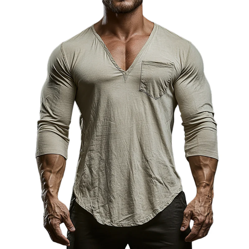Theodore | Men'S Vintage Casual Cotton V-Neck Pocket Long Sleeve T-Shirt