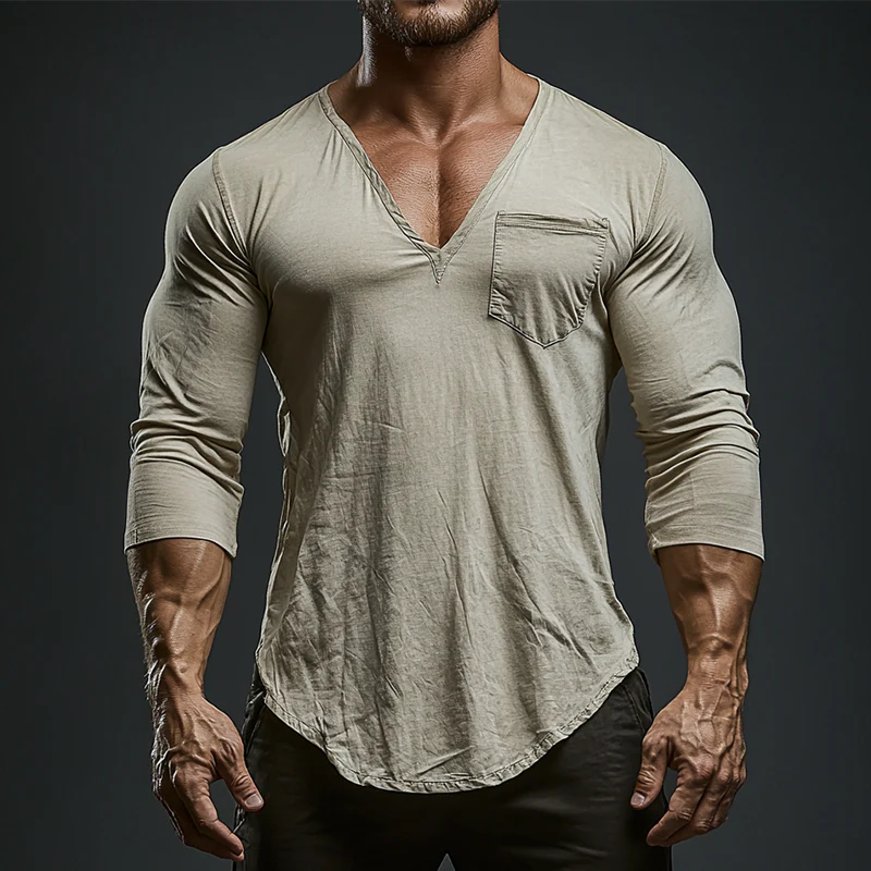 Theodore | Men'S Vintage Casual Cotton V-Neck Pocket Long Sleeve T-Shirt - Image 2