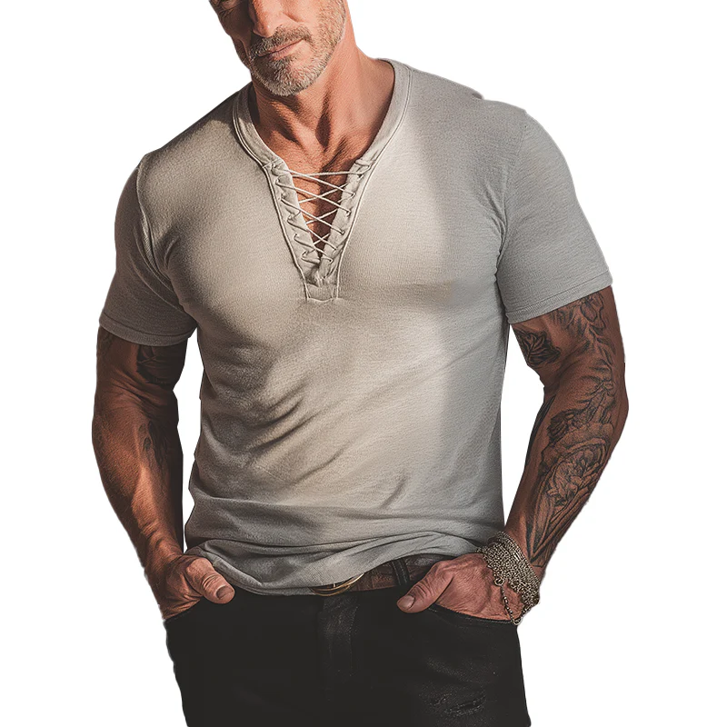 Tim | Men'S Summer Fashion Lace-Up Neck Collar Short Sleeve T-Shirt