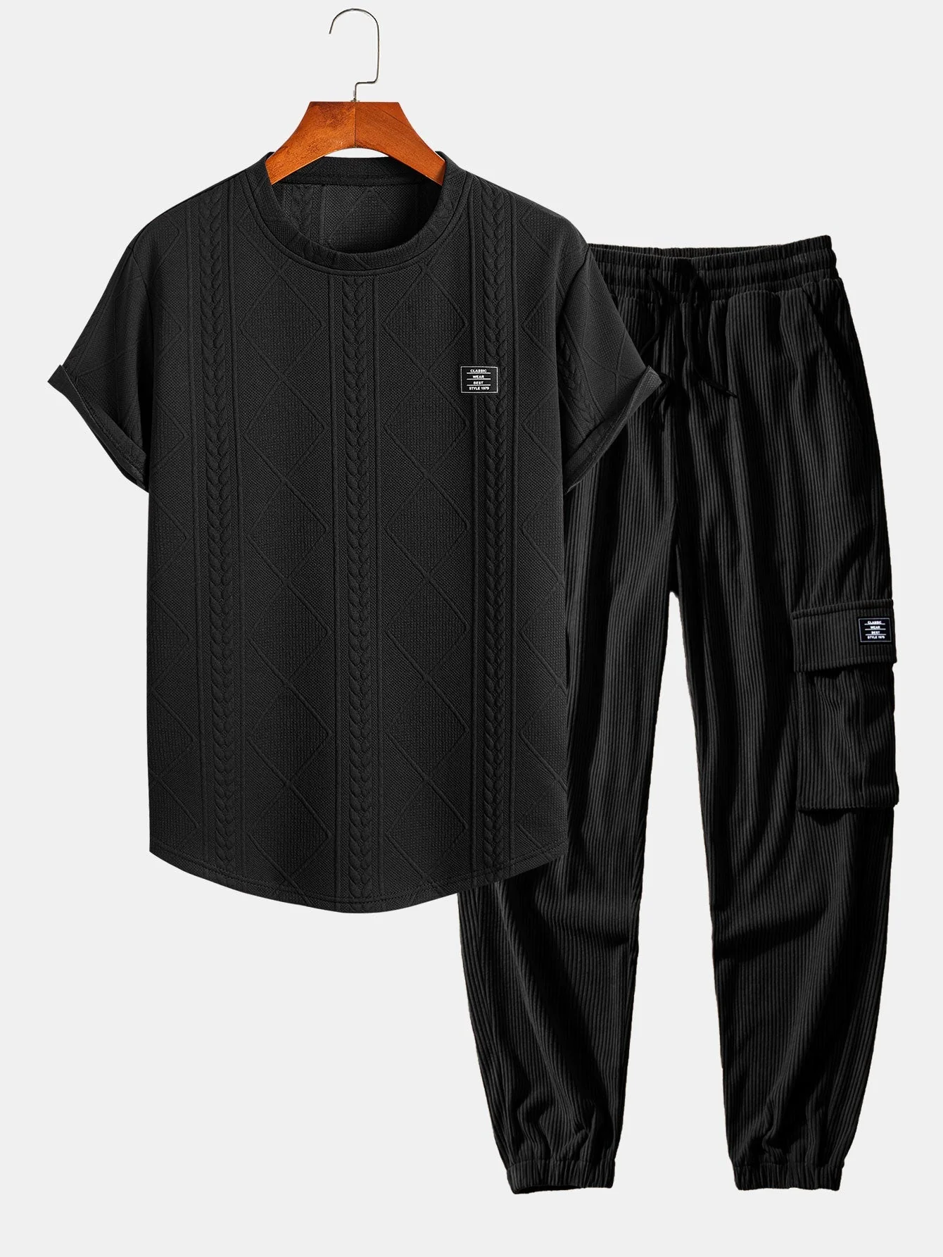 Tomás® | Short Sleeve Geometric Jacquard Arc Hem T-Shirt & Drawstring Corduroy Cargo Jogger Pants - Image 2