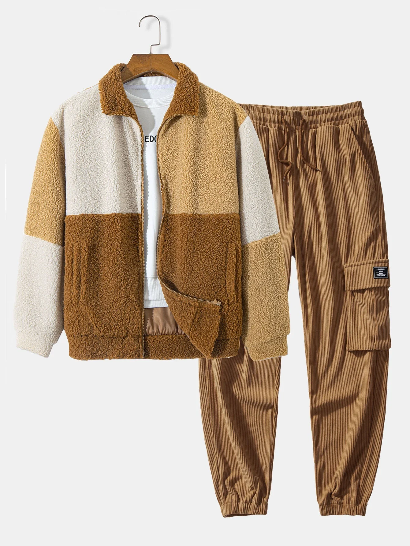 Tony® | Color Block Teddy Fleece Coat & Drawstring Corduroy Cargo Jogger Pants