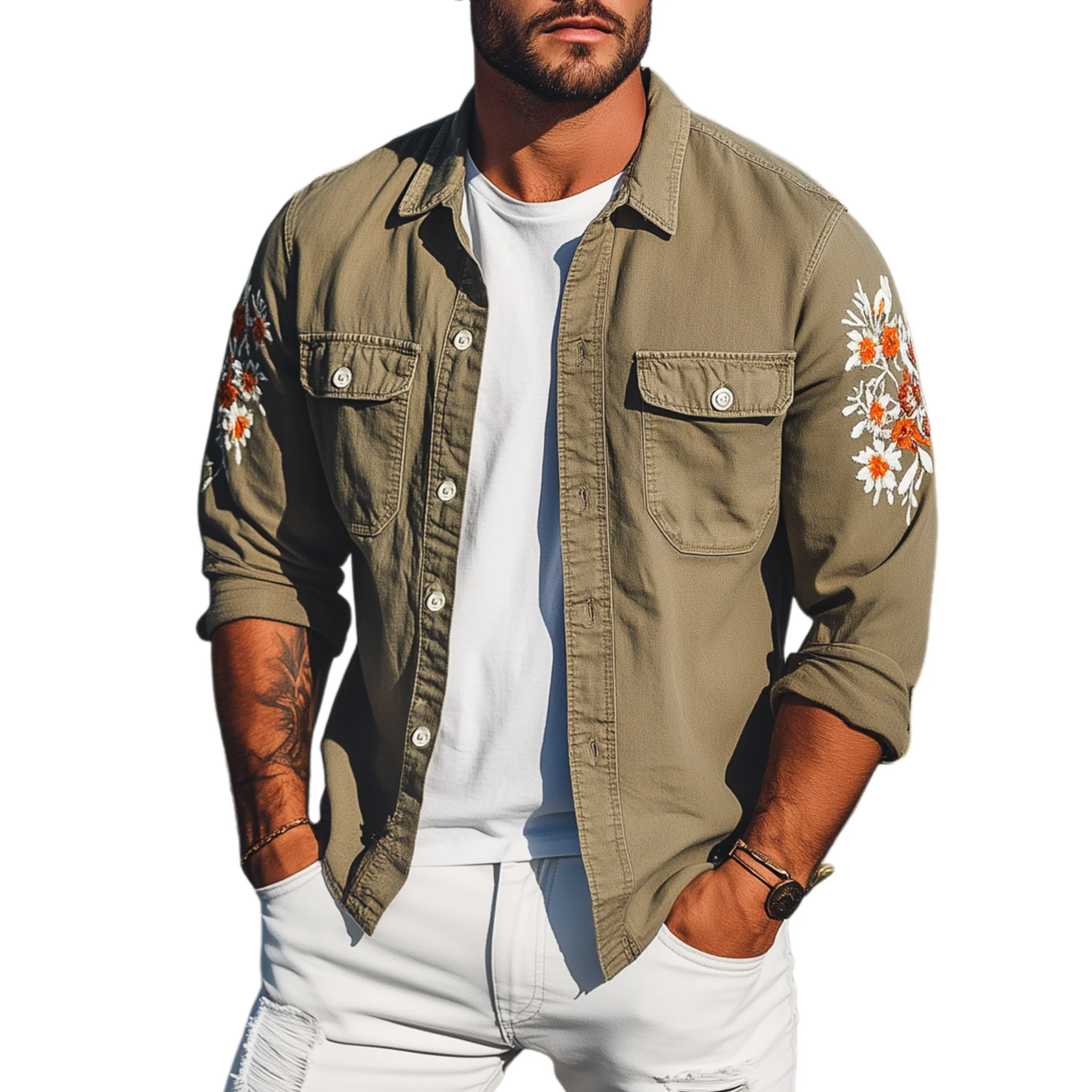Trevor | Men'S Vintage Casual Washed Cotton Blend Sleeve Embroidered Long Sleeve Shirt