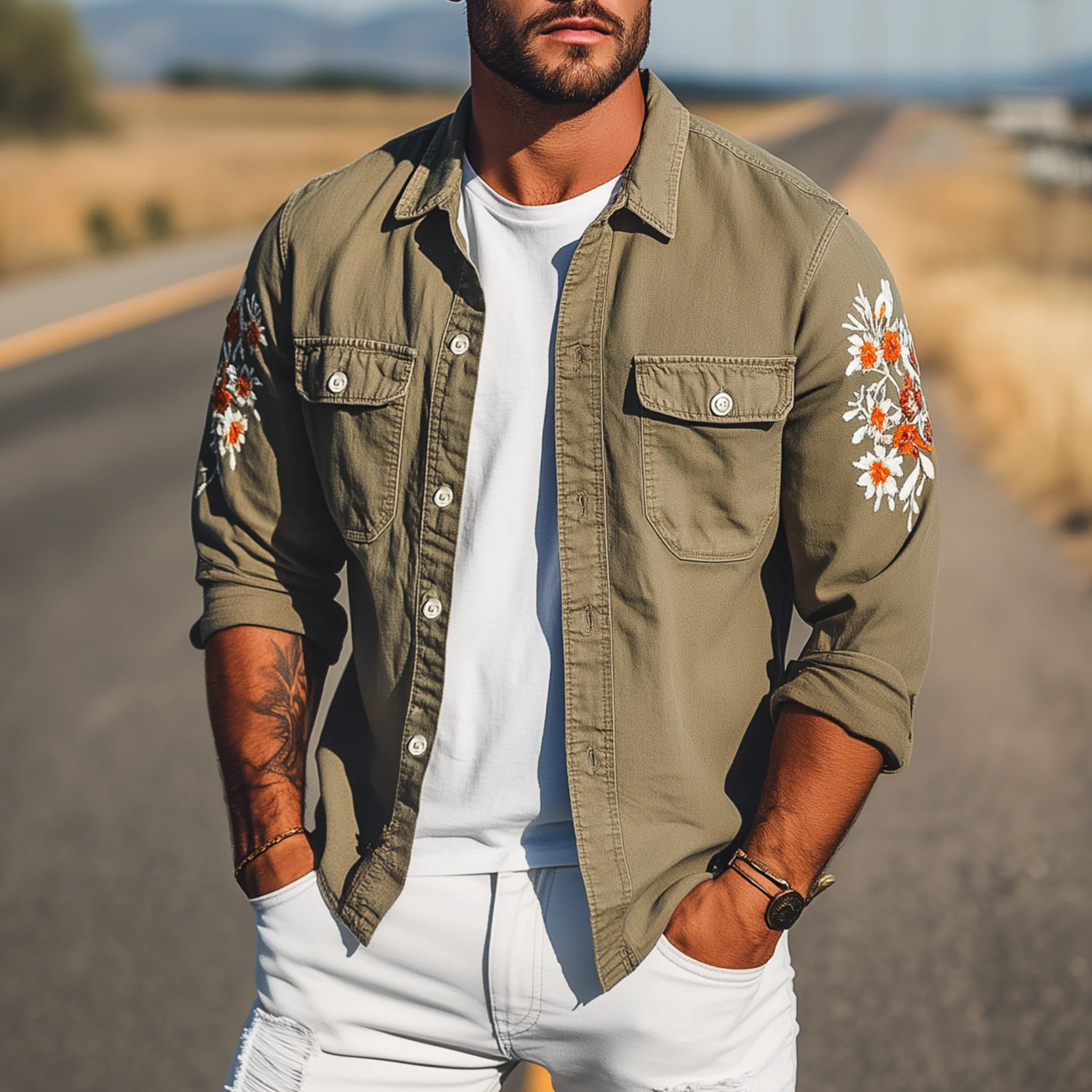 Trevor | Men'S Vintage Casual Washed Cotton Blend Sleeve Embroidered Long Sleeve Shirt - Image 2