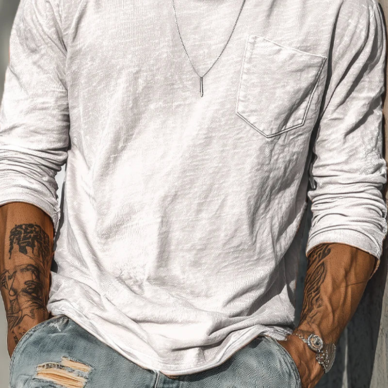 Troy | Men'S Spring And Summer Casual Tough Guy Style Round Neck Raw Edge Bamboo Cotton Long Sleeve T-Shirt - Image 7