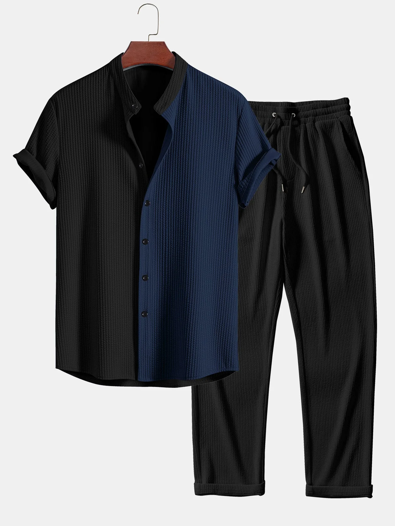 Truman® | Two Tone Muscle Fit Ribbed Stand Collar Shirt & Straight Leg Ribbed Pants - Image 3