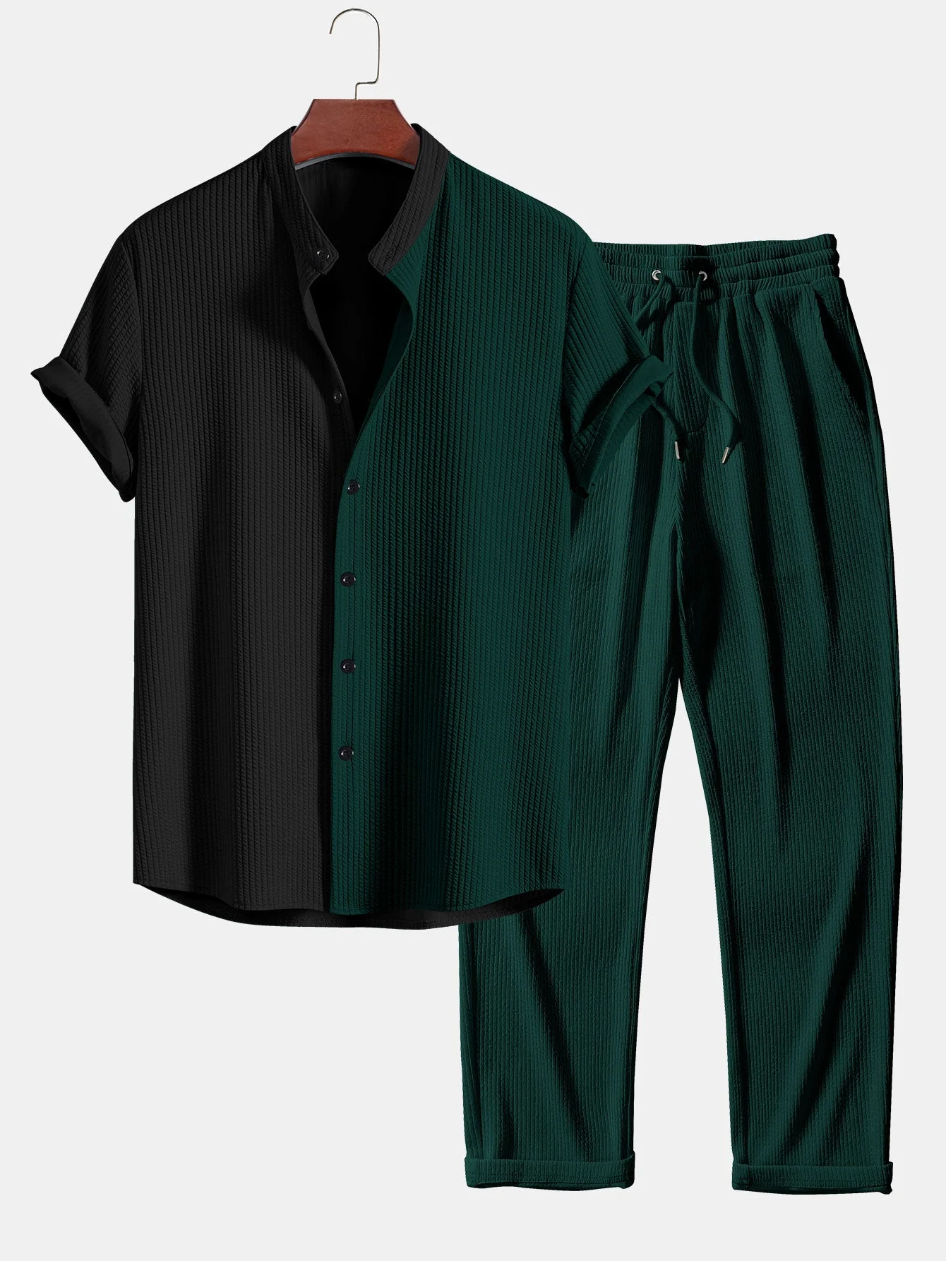Truman® | Two Tone Muscle Fit Ribbed Stand Collar Shirt & Straight Leg Ribbed Pants - Image 4