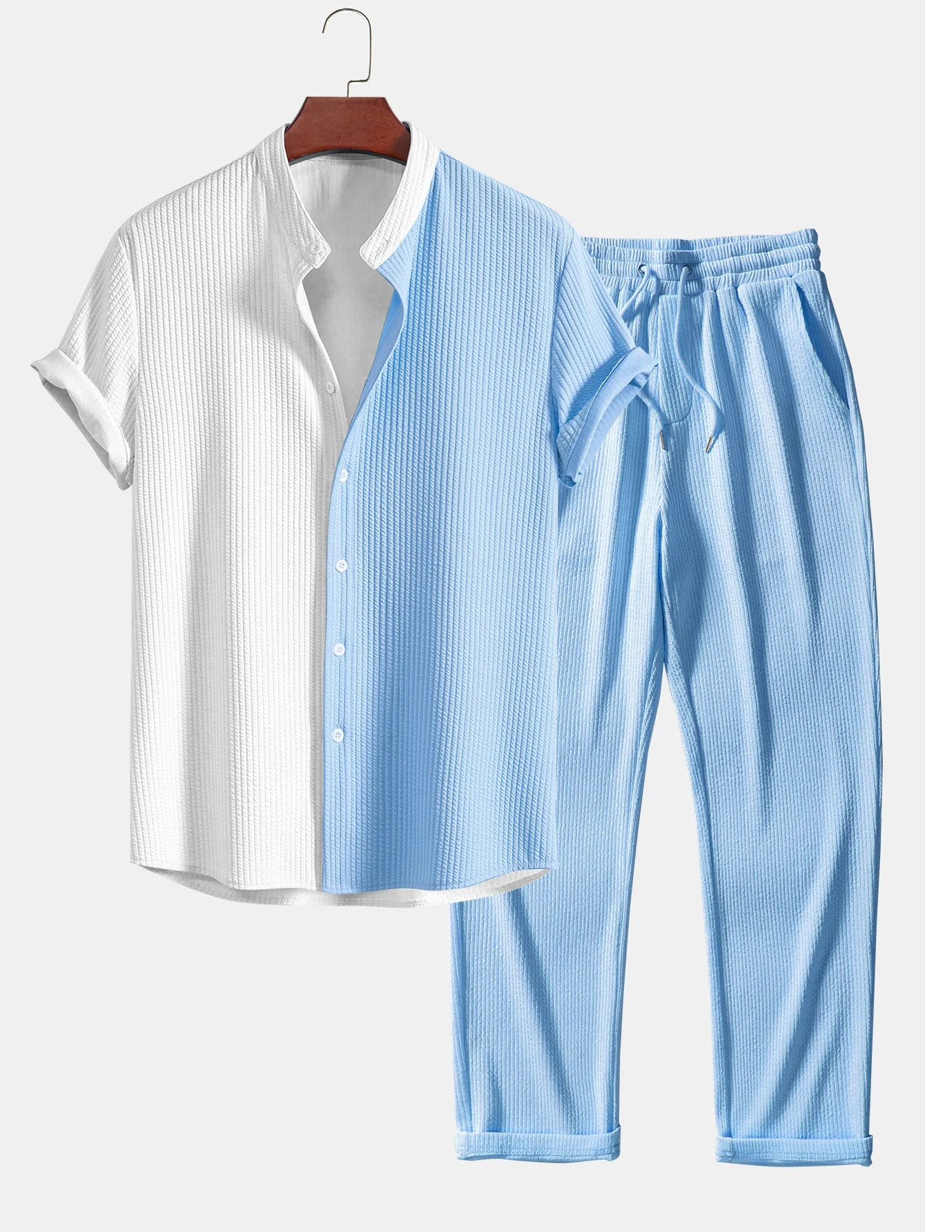 Truman® | Two Tone Muscle Fit Ribbed Stand Collar Shirt & Straight Leg Ribbed Pants - Image 5