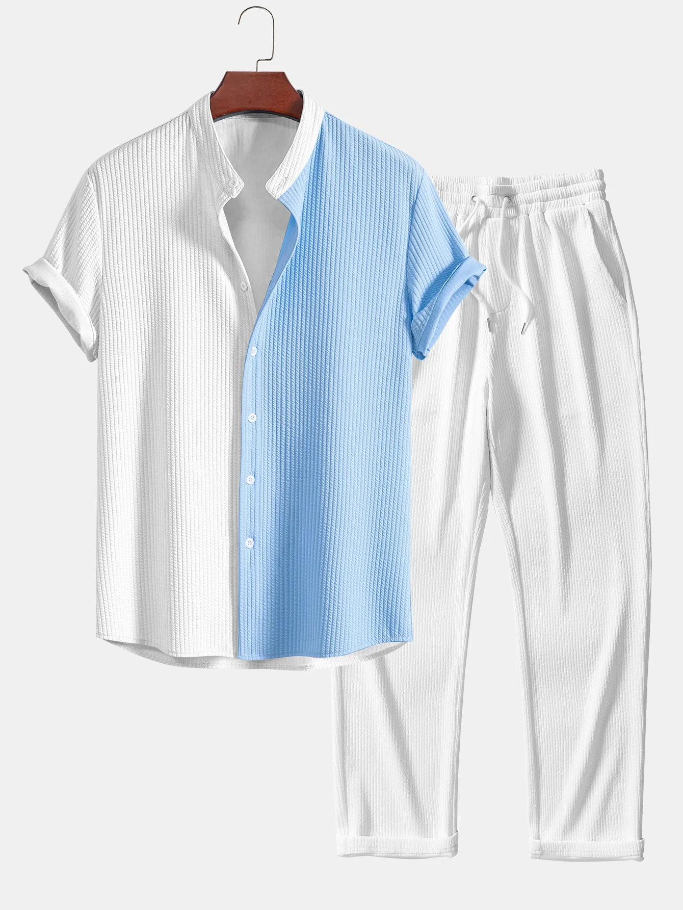 Truman® | Two Tone Muscle Fit Ribbed Stand Collar Shirt & Straight Leg Ribbed Pants - Image 7