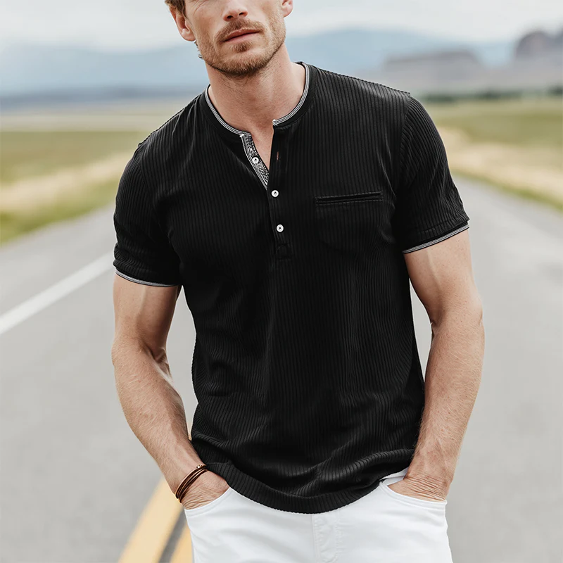 Ulysses | Men'S Spring And Summer Classic Casual Henley Collar Striped Textured Fabric Slim Fit Short Sleeve T-Shirt - Image 2