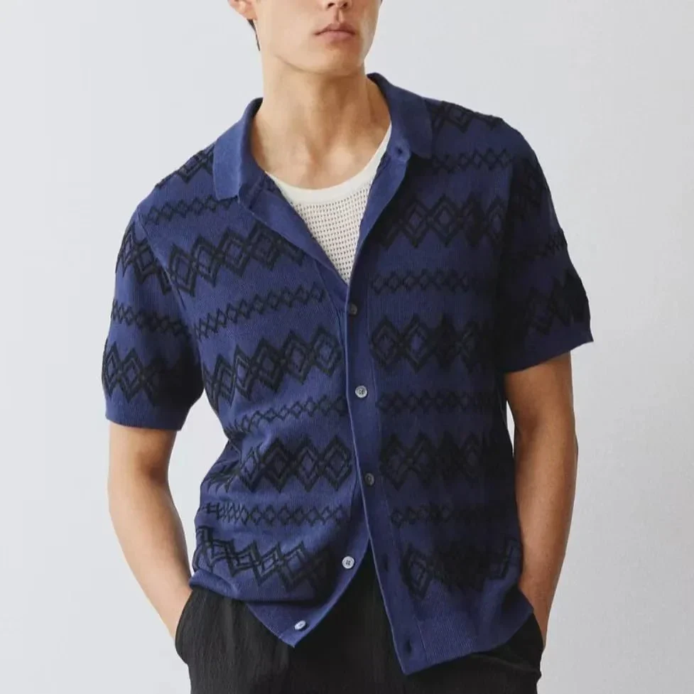 Valentino | Men's Knitted Polo Shirt – Aztec Pattern Button-Up