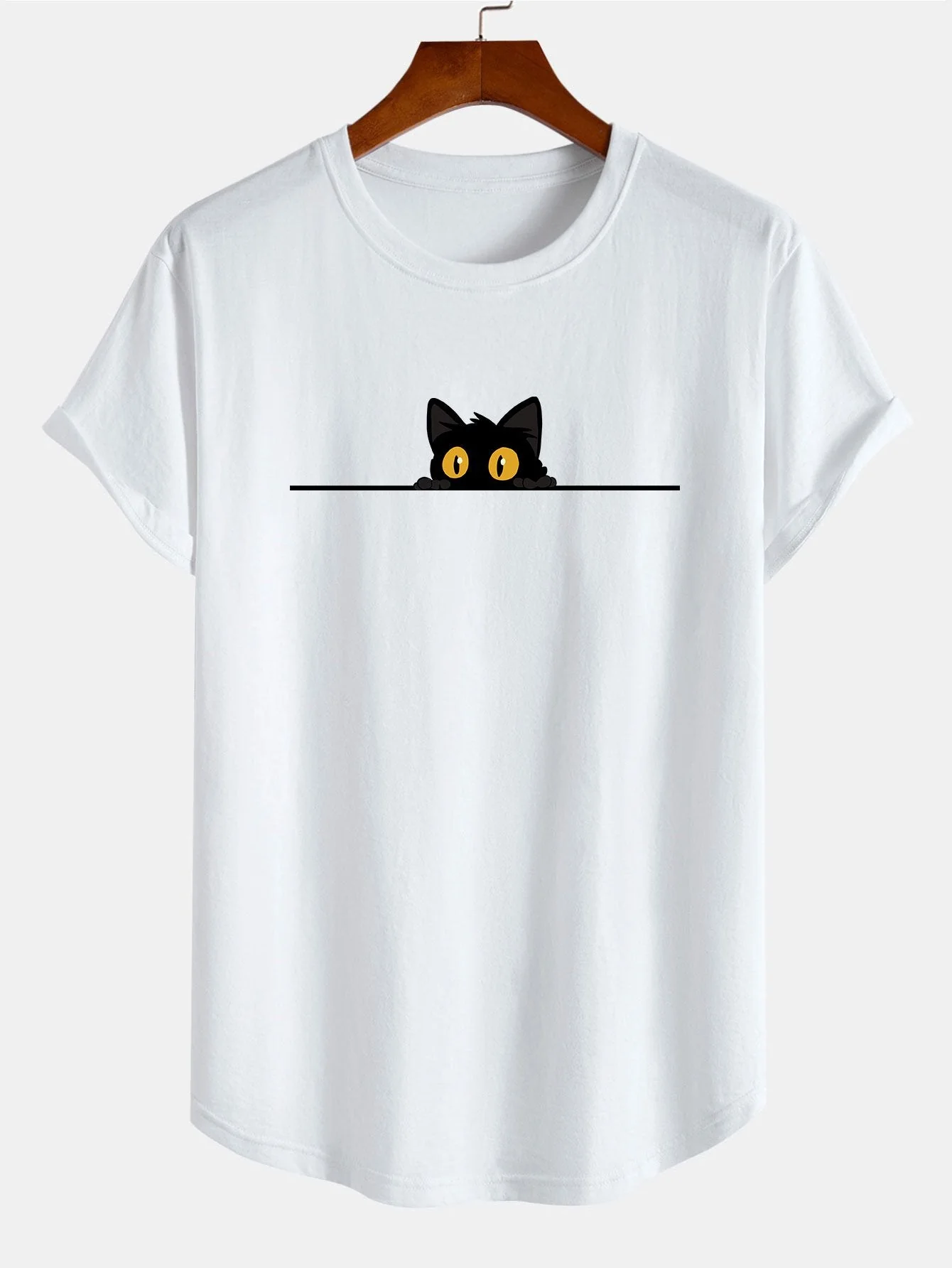 Valerio® | Black Cat Print Cotton Arc Hem T-Shirt - Image 2