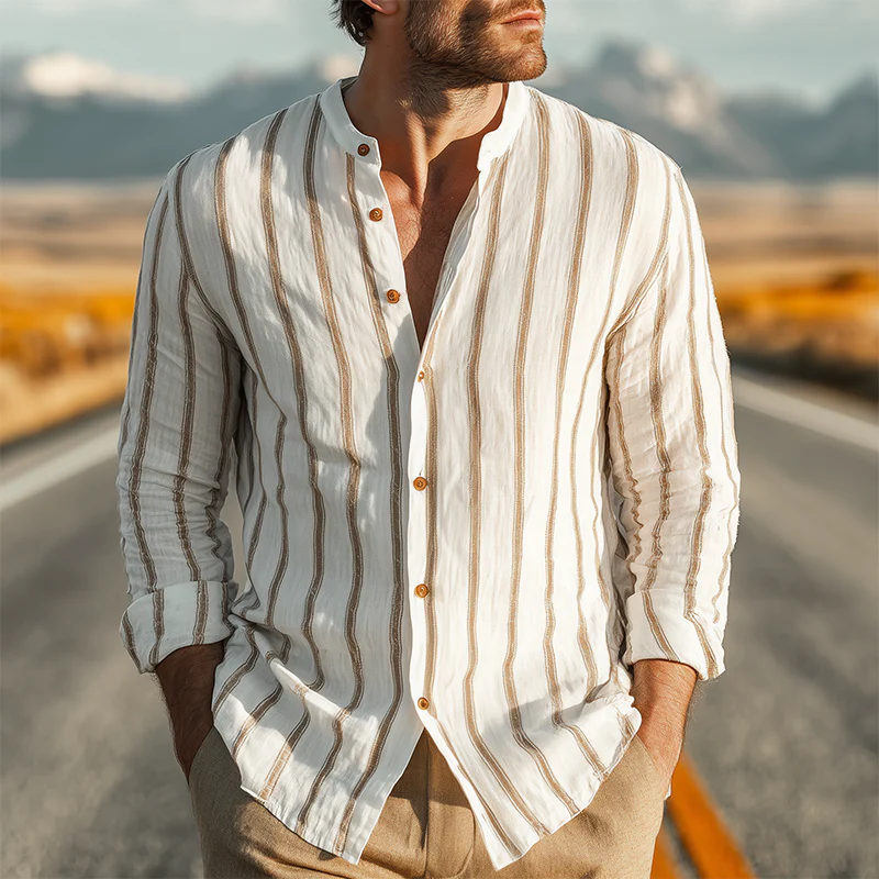 Vaughn | Men'S Spring And Summer Classic Casual Stand-Up Collar Tencel Cotton Blend Vertical Striped Long-Sleeved Shirt - Image 2