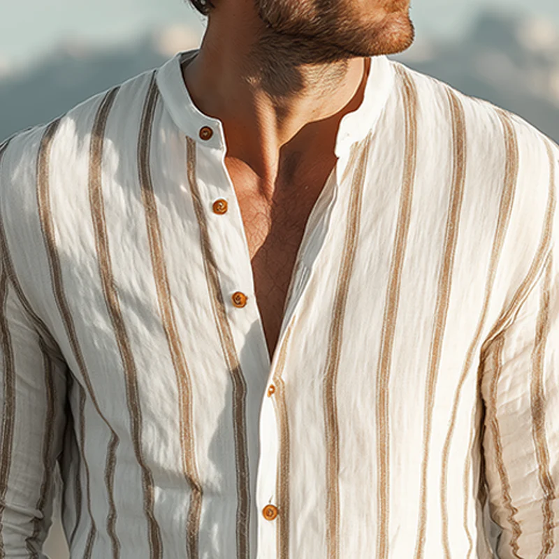 Vaughn | Men'S Spring And Summer Classic Casual Stand-Up Collar Tencel Cotton Blend Vertical Striped Long-Sleeved Shirt - Image 4