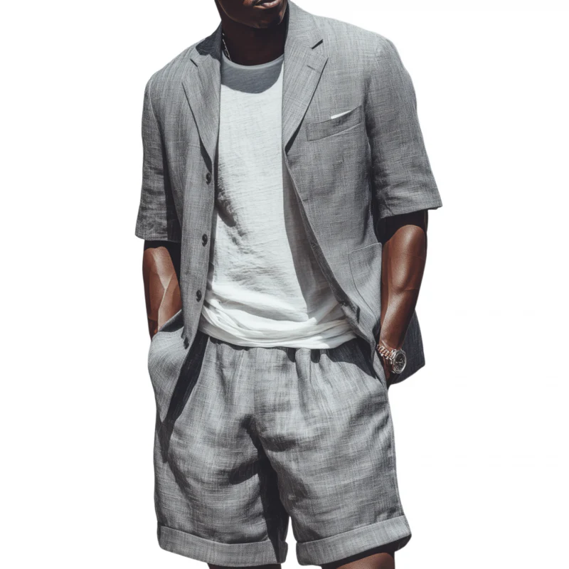 Vern | Men'S Casual Breathable Cotton Linen Notch Lapel Short-Sleeved Blazer Suit Shorts Set (T-Shirt Excluded)