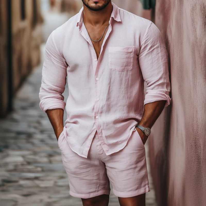 Vic | Men'S Casual Breathable Solid Color Linen Lapel Patch Pocket Long Sleeve Shirt Loose Shorts Set - Image 2