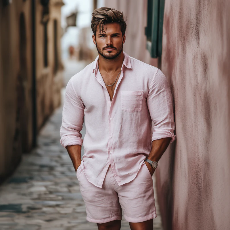 Vic | Men'S Casual Breathable Solid Color Linen Lapel Patch Pocket Long Sleeve Shirt Loose Shorts Set - Image 3