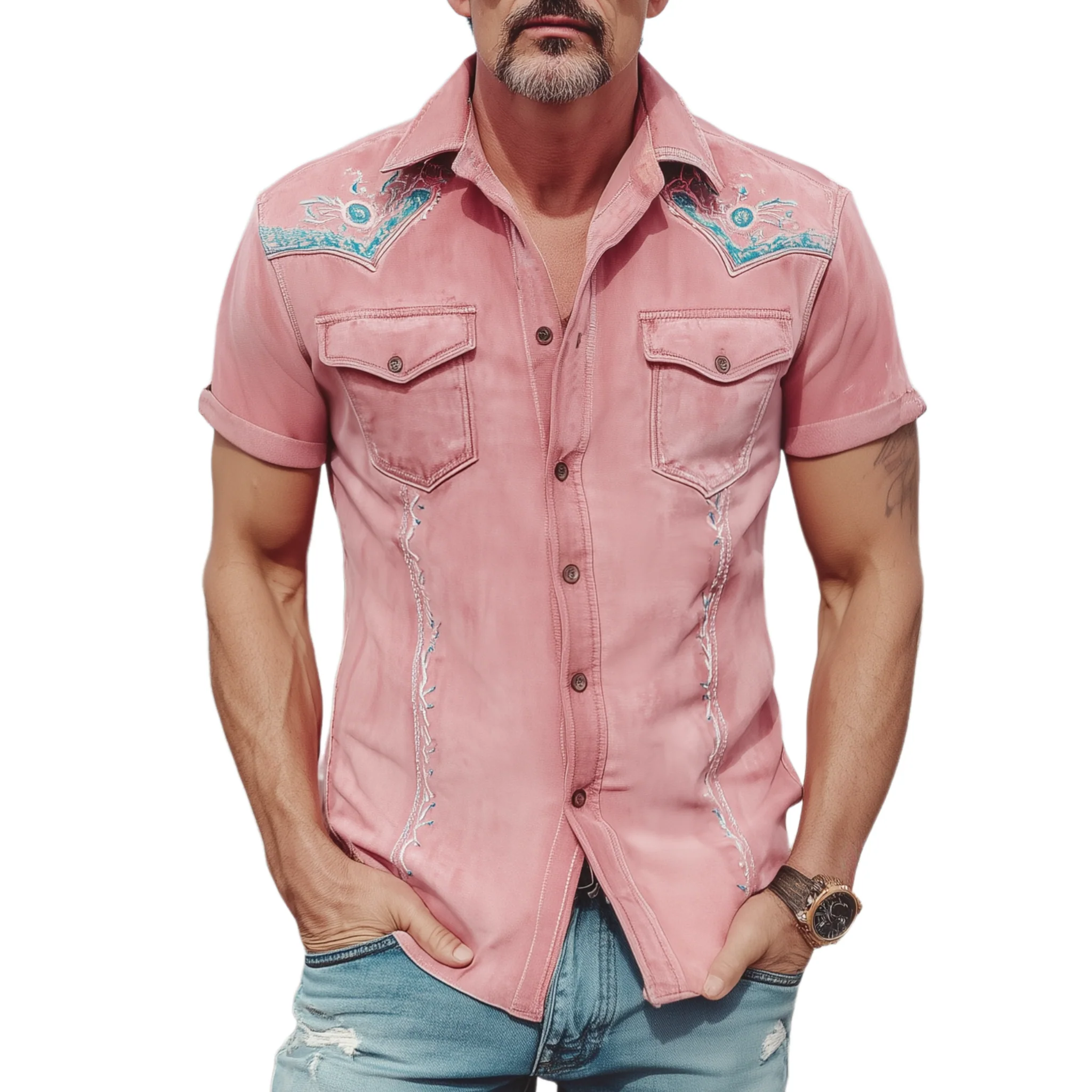 Victor | Men'S Spring And Summer Fashion Casual Thin Suede Embroidered Slim Short Sleeve Shirt