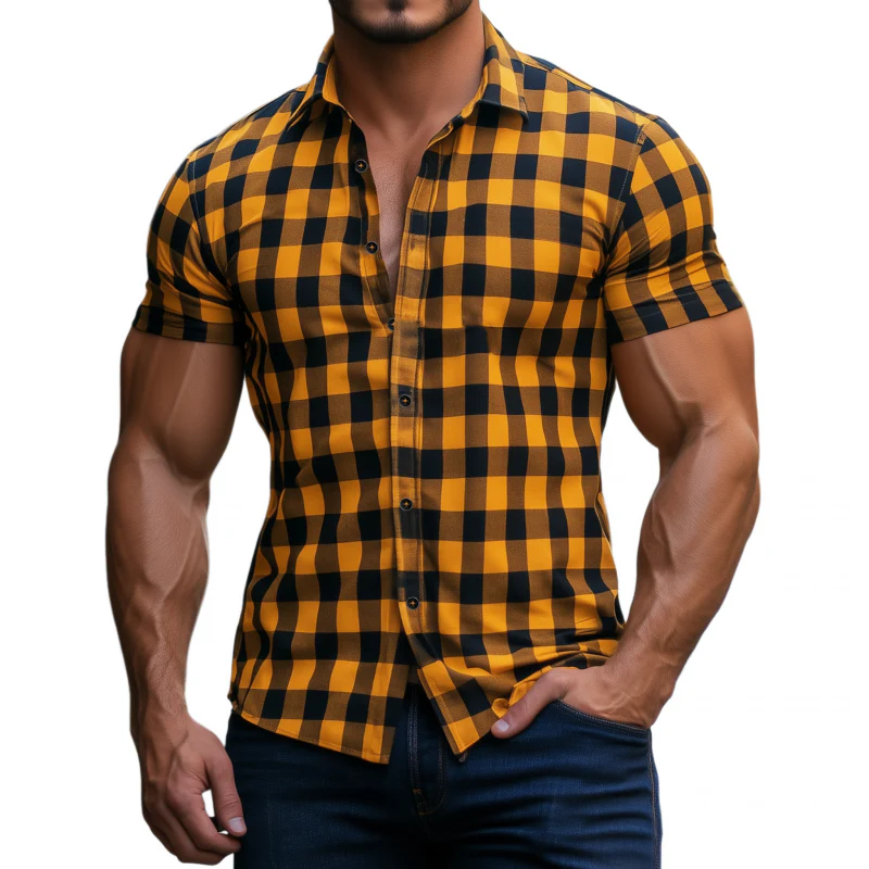 Vince | Men'S Casual Breathable Cotton Plaid Lapel Slim Fit Short Sleeve Shirt