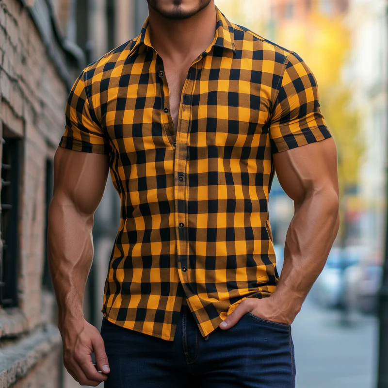 Vince | Men'S Casual Breathable Cotton Plaid Lapel Slim Fit Short Sleeve Shirt - Image 2