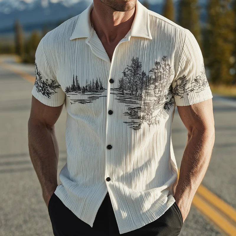Vince | Men'S Spring And Summer Classic Casual Ribbed Texture Fabric Embroidery Slim Short-Sleeved Shirt - Image 3