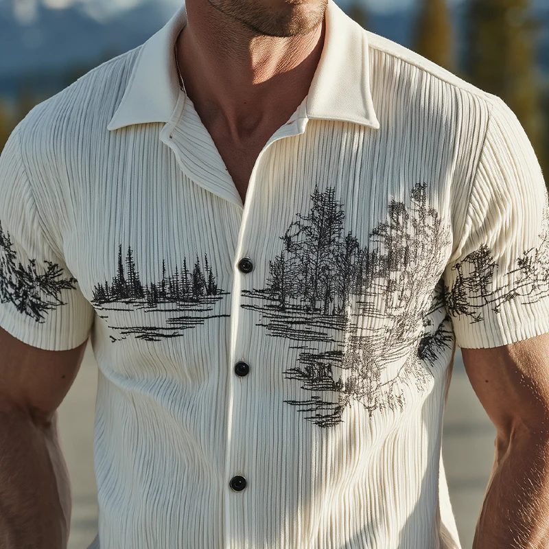 Vince | Men'S Spring And Summer Classic Casual Ribbed Texture Fabric Embroidery Slim Short-Sleeved Shirt - Image 5