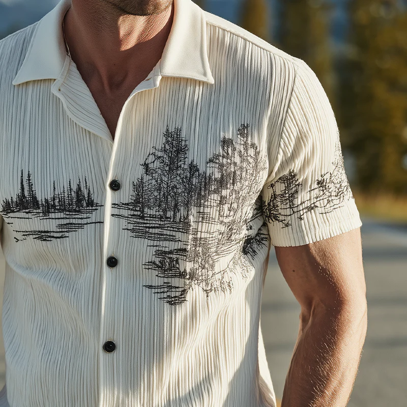 Vince | Men'S Spring And Summer Classic Casual Ribbed Texture Fabric Embroidery Slim Short-Sleeved Shirt - Image 6