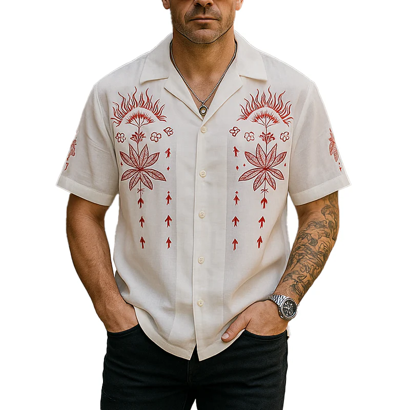 Wallace | Men'S Summer Fashion Embroidery Slub Cotton Short Sleeve Shirt
