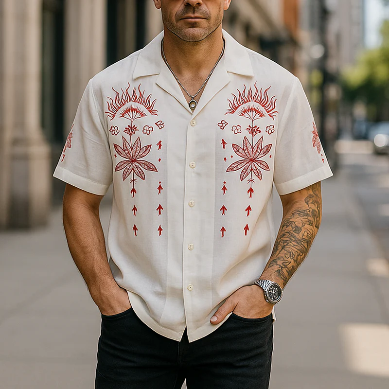 Wallace | Men'S Summer Fashion Embroidery Slub Cotton Short Sleeve Shirt - Image 2