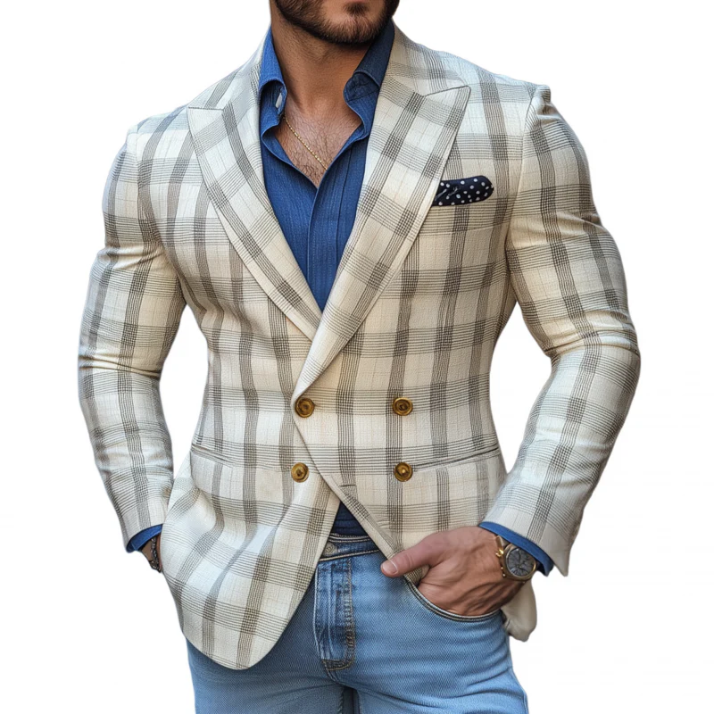 Wallace | Men'S Vintage Elegant Plaid Peaked Lapel Double Breasted Slim Fit Blazer