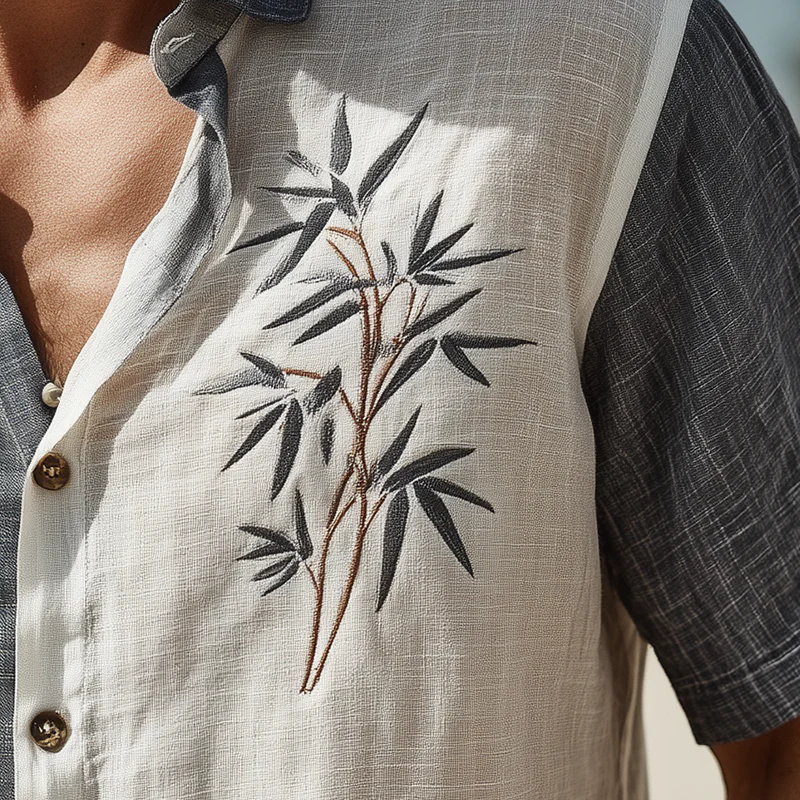 Walter | Men'S Summer Fashion Leaf Embroidery Slub Linen Short Sleeve Shirt - Image 3