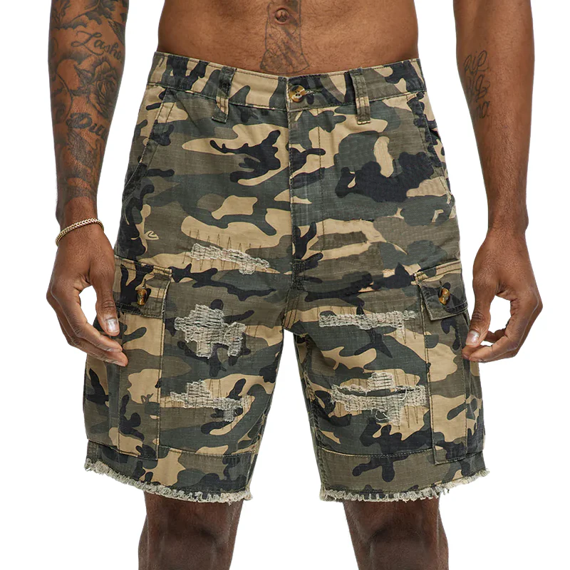Warren | Men'S Spring And Summer Classic Casual Camouflage Cotton Blended Raw Edge Multi-Pocket Cargo Shorts